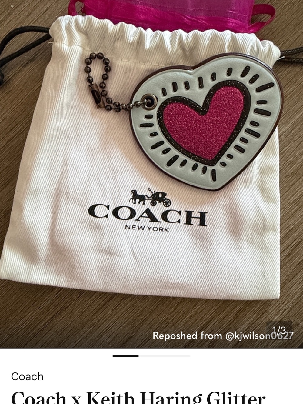 Coach Pink Glitter Heart Key & Card Holder Charm with Silver Trim